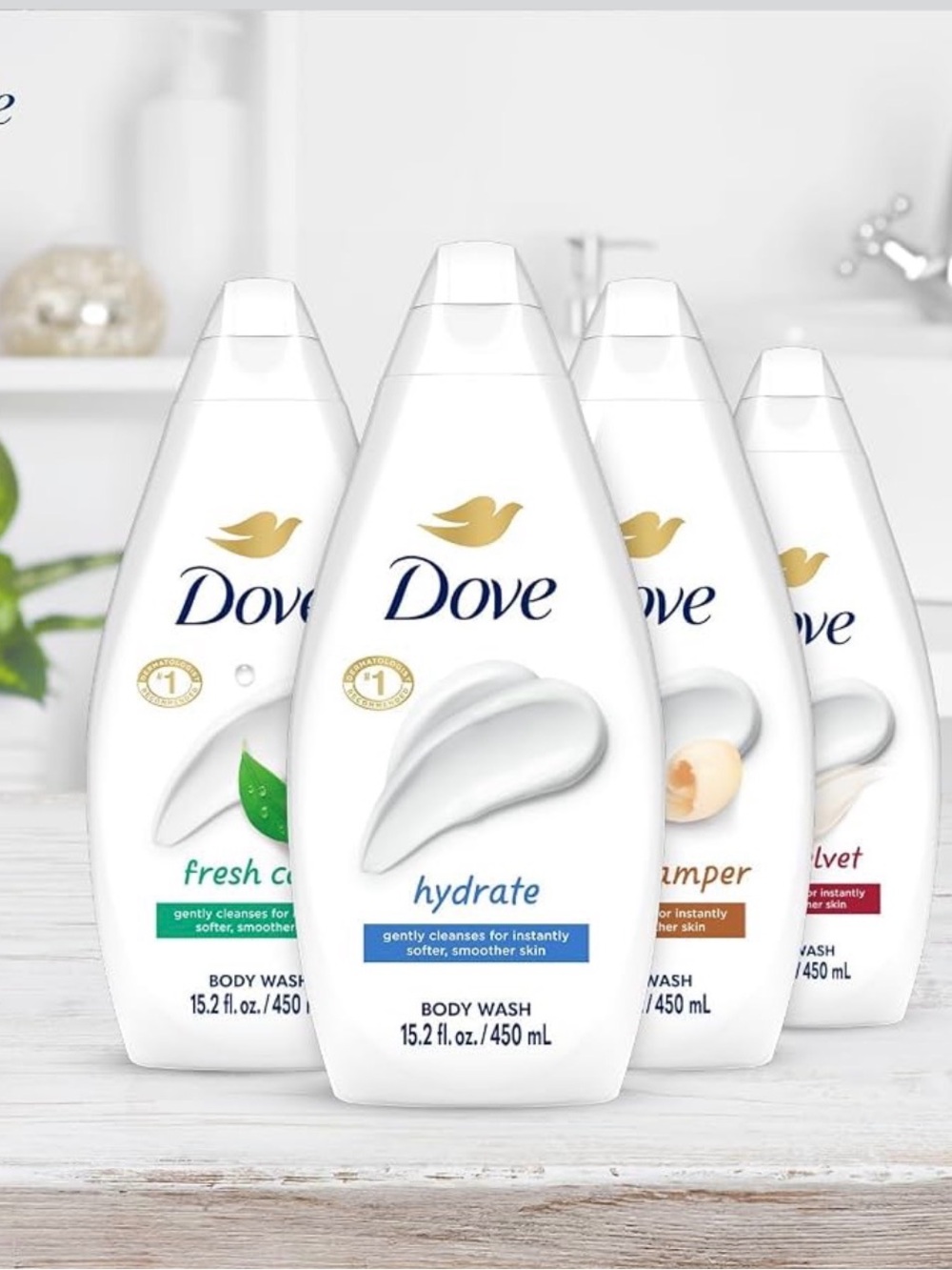 Dove Hydrate Body Wash — Gentle Pamper, Fresh Care, Silky Velvet & Hydrate